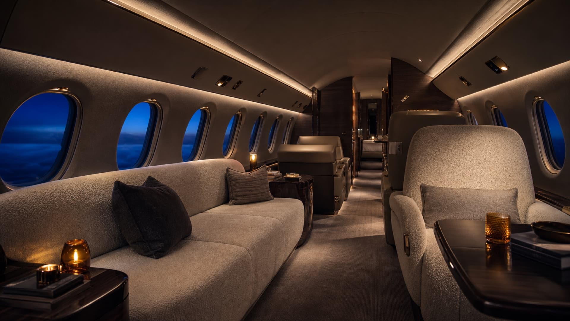 Private aircraft cabin at blue hour