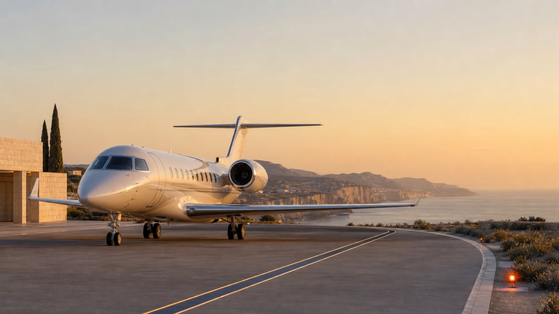 Private jet at a coastal destination near sunset